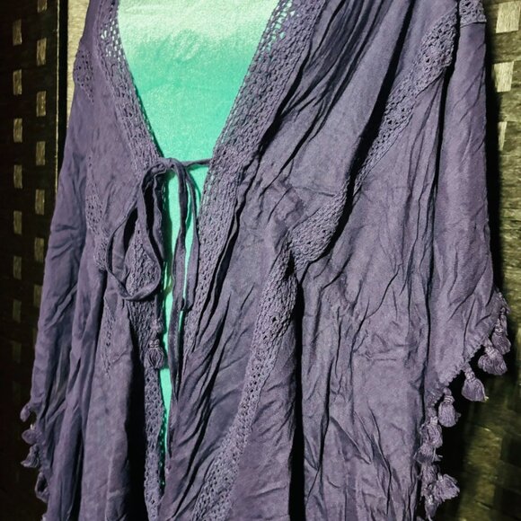 Vince Camuto Navy Blue Boho Open Front Cardigan with tassels and tie waist - Picture 5 of 11